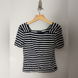 Saint James Striped Navy Blue White Short Sleeve Shirt Top Size 10 952